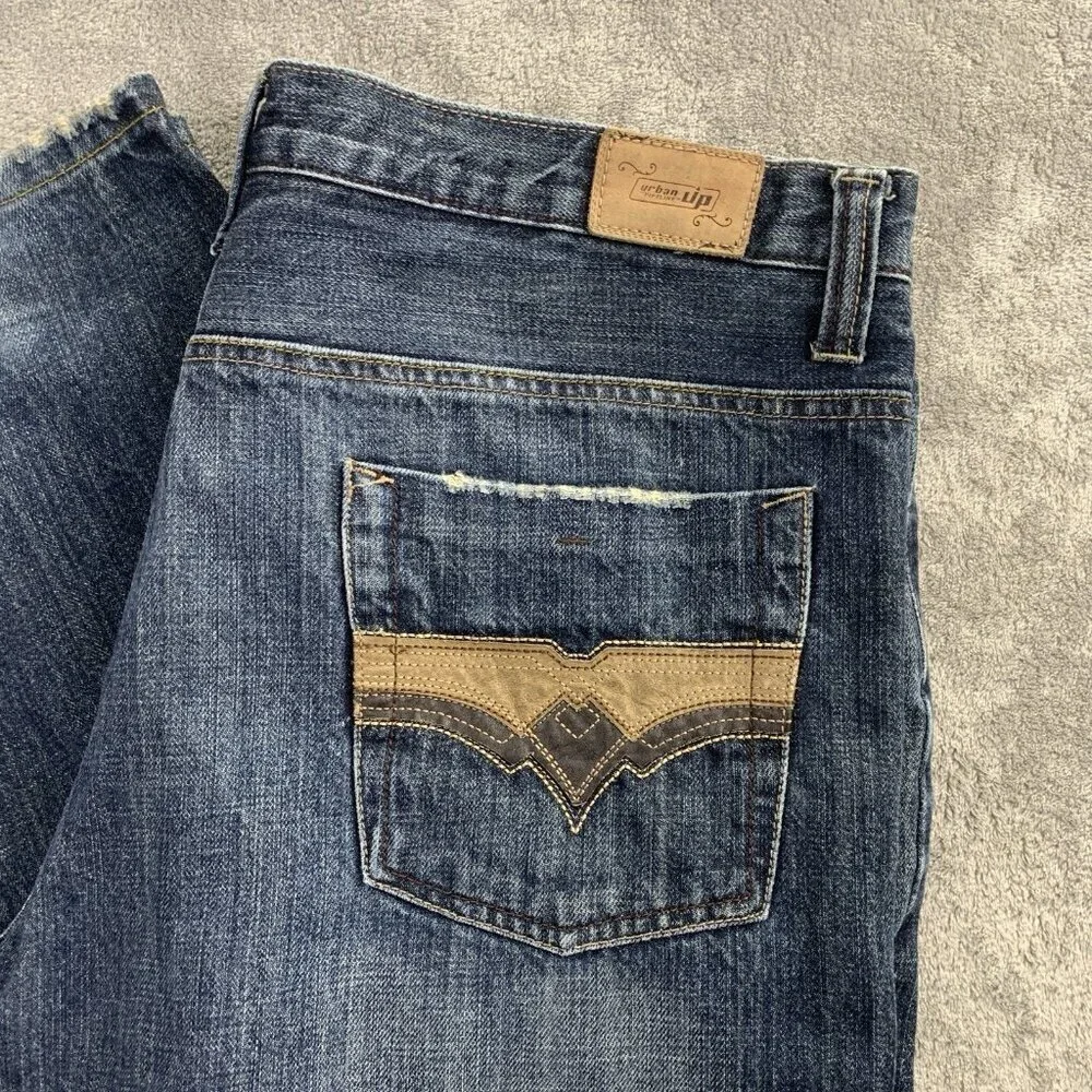Urban Pipeline Low Rise Bootcut Jeans Mens 36x32” Blue Denim Distressed Y2K